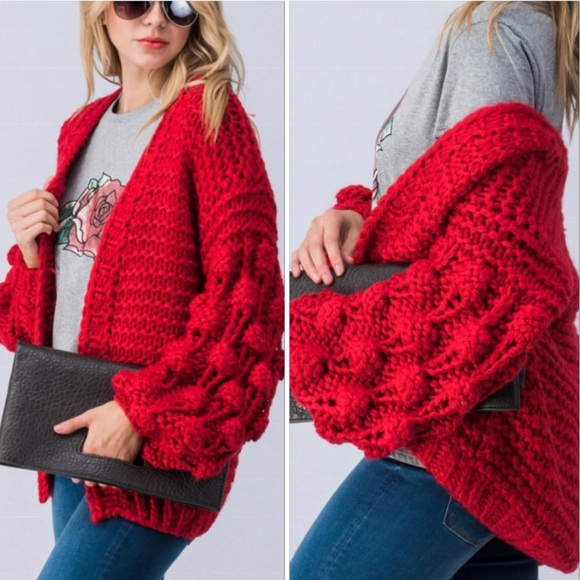 🆕ONE SIZE CHERRY RED POM POM BALLON SLEEVE OPEN FRONT CARDIGAN SWEATER JACKET - Picture 3 of 5